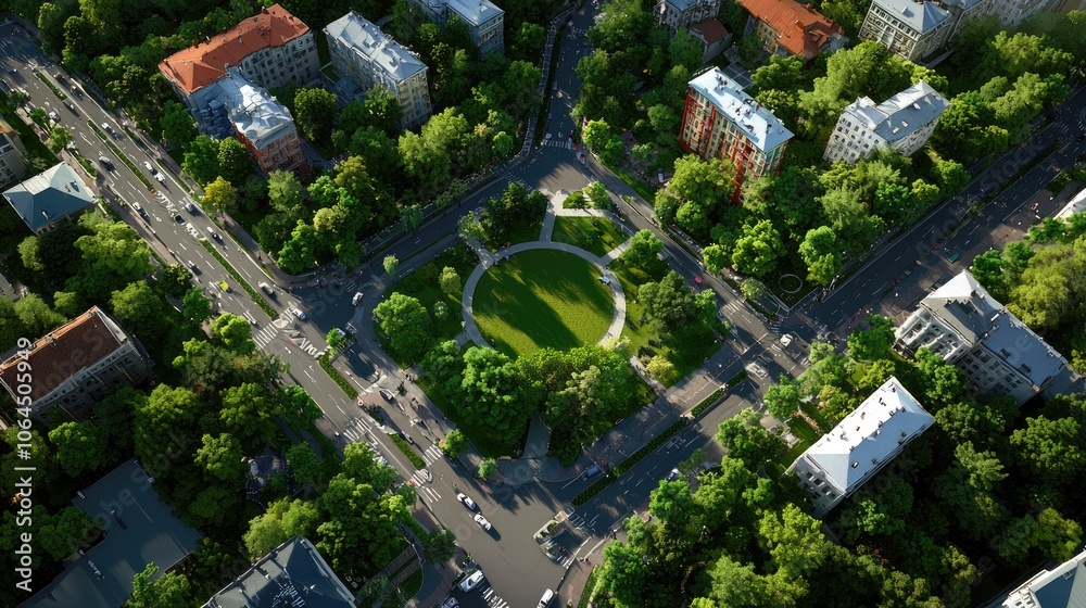 Aerial view of a lush urban park surrounded by city buildings and streets Aerial view of a lush urban park surrounded by city buildings and streets