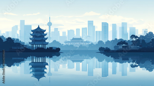 Chinese classical architecture and urban skyline silhouette illustration