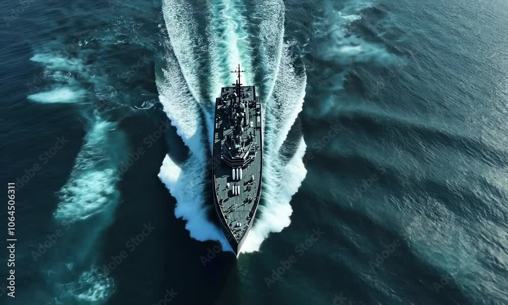 Aerial view of a naval ship navigating through turbulent ocean waters.