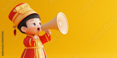 3D Chinese promotion banner with a boy holding a megaphone on a yellow background. 3D Character