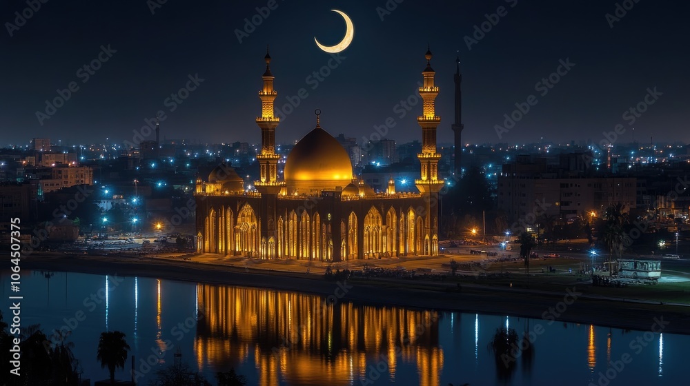 Naklejka premium Illuminated mosque reflecting in water under crescent moon at twilight