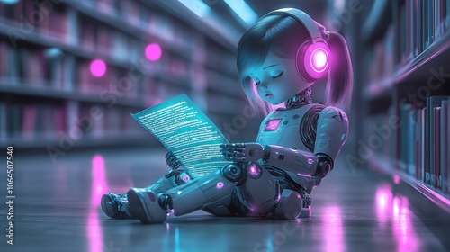 Futuristic Robot Reading in Library	
