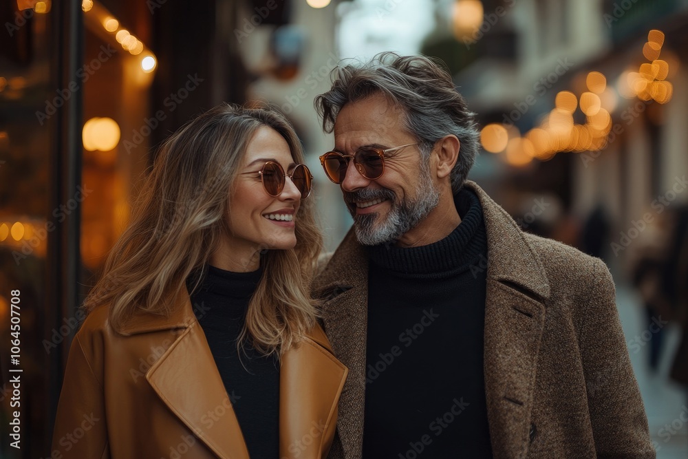 Naklejka premium Happy couple smiling and walking down city street