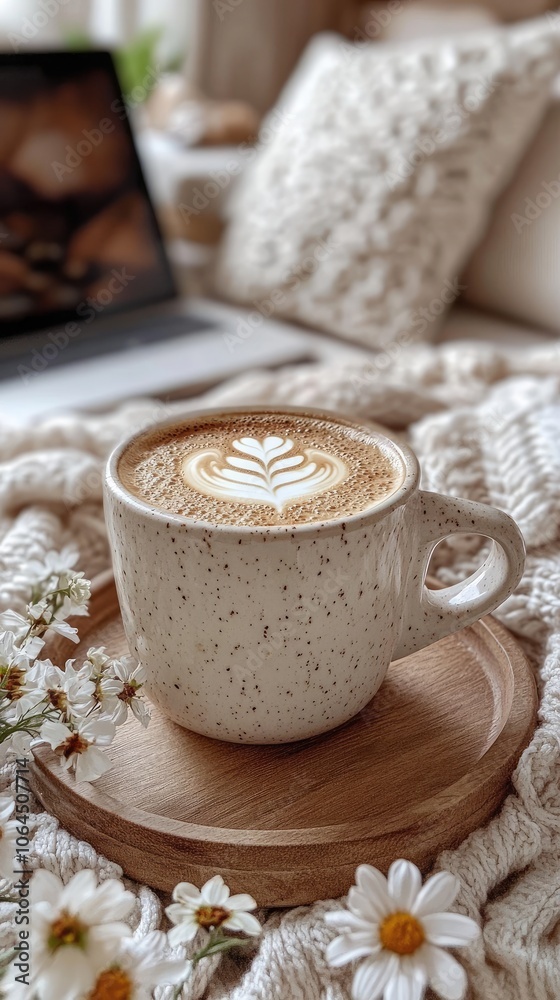 Cappuccino resting on wooden tray with flowers and laptop in cozy home office setup Cappuccino resting on wooden tray with flowers and laptop in cozy home office setup