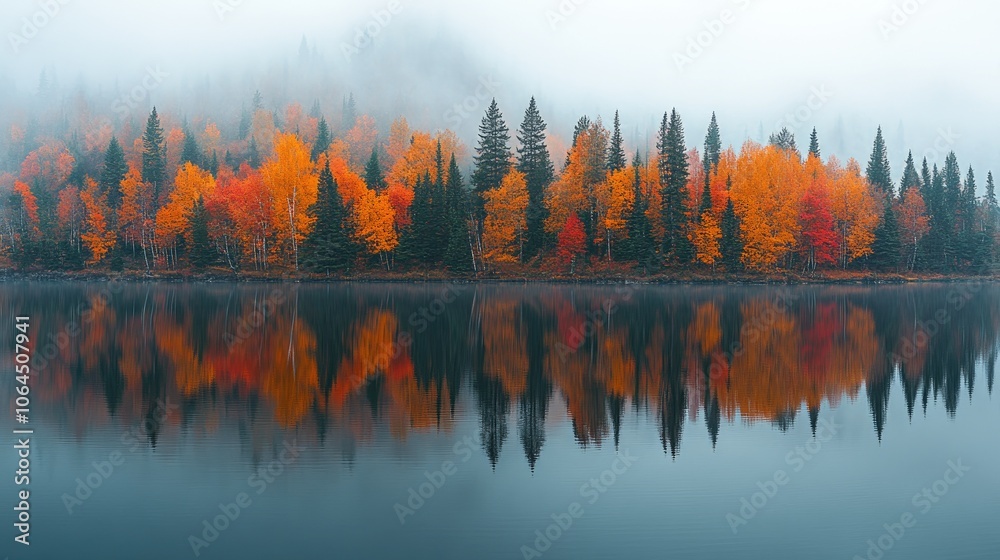Obraz premium Colorful autumn trees reflecting in a lake with evergreen forest in the background