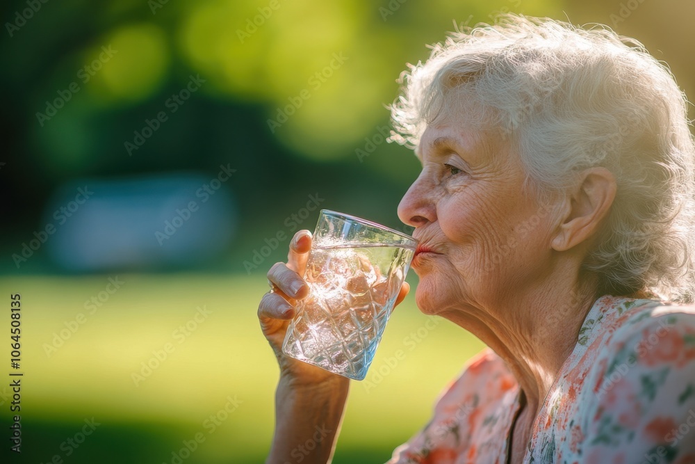 Old elderly woman enjoying a glass of water to hydrate herself with fresh air of a park Old elderly woman enjoying a glass of water to hydrate herself with fresh air of a park