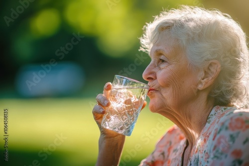 Old elderly woman enjoying a glass of water to hydrate herself with fresh air of a park