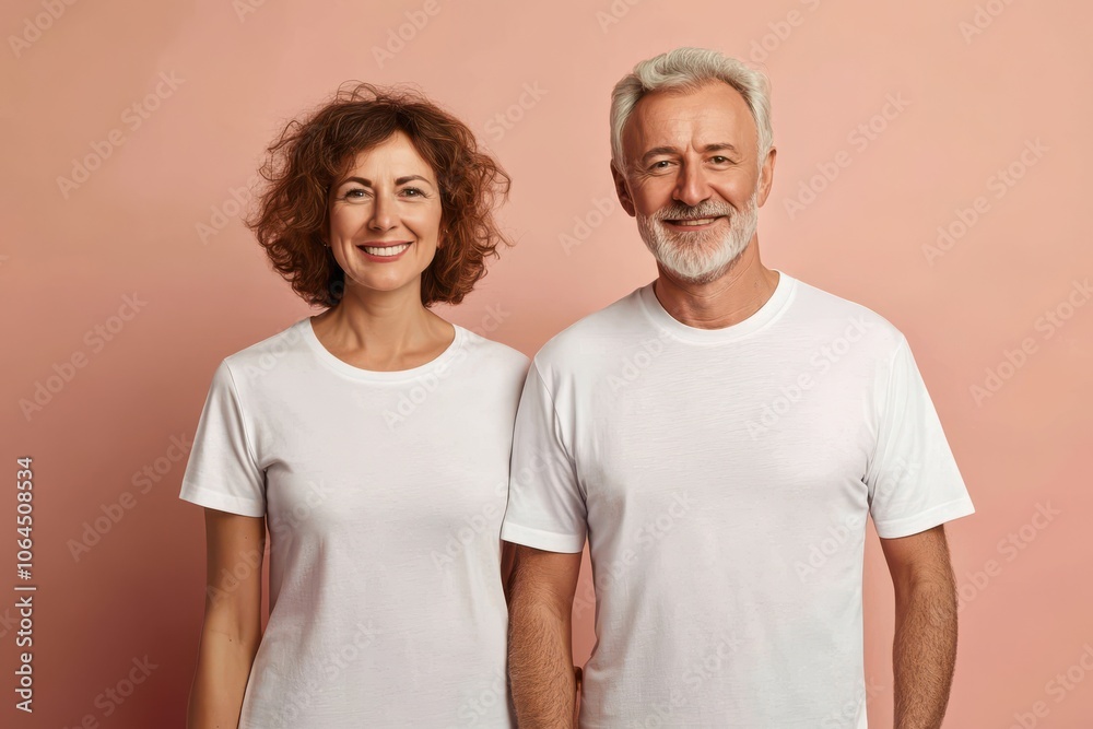 Old mature couple with matching Mockup White t-shirt Mockup , happy lovely man and woman Old mature couple with matching Mockup White t-shirt Mockup , happy lovely man and woman