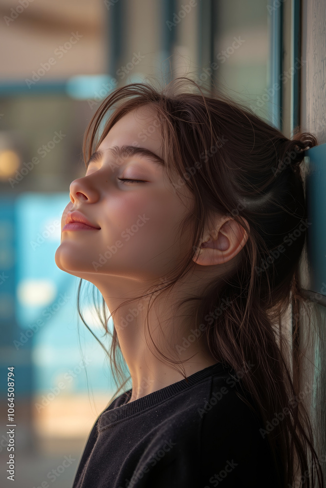 Fototapeta premium A young girl with her eyes closed, leaning against a wall, with her hair blowing in the wind