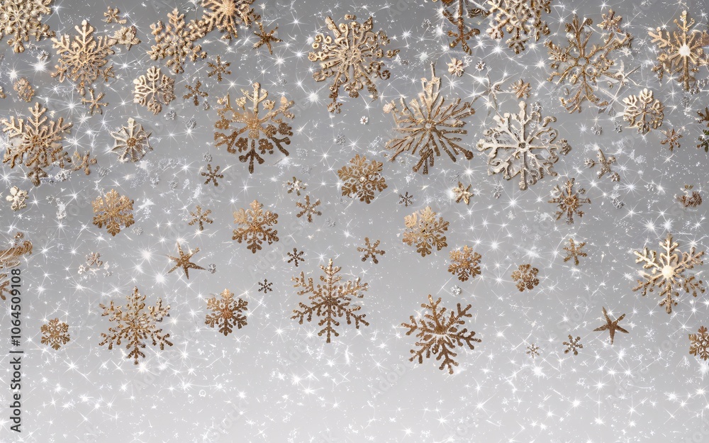 Abstract background with gold snowflakes on a glittery grey backdrop.