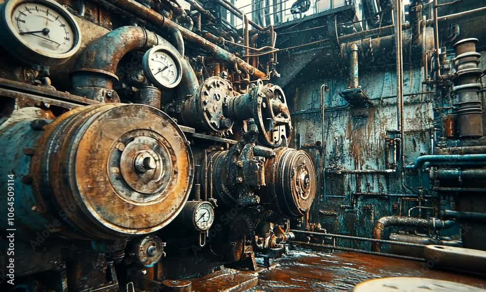 An industrial scene featuring rusted machinery and gauges in a factory setting. An industrial scene featuring rusted machinery and gauges in a factory setting.