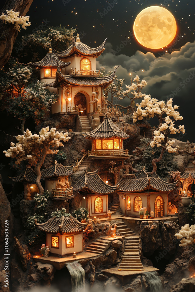Fototapeta premium A miniature village with traditional Chinese architecture, illuminated by lanterns and set against a night sky with a full moon