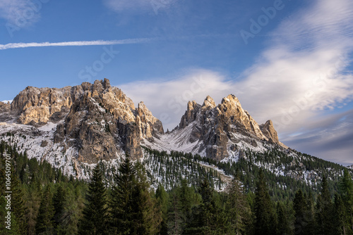 Mountain peak from Lake Antorno (Lago di Antorno) located in Dolomites, Italy.