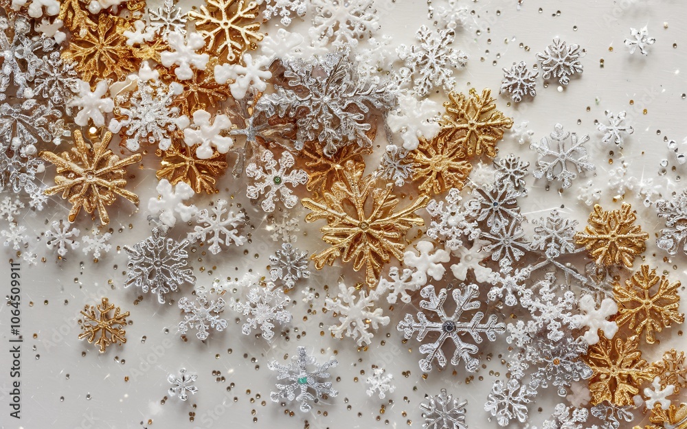 A white background with scattered white, gold, and silver snowflakes and glitter. A white background with scattered white, gold, and silver snowflakes and glitter.