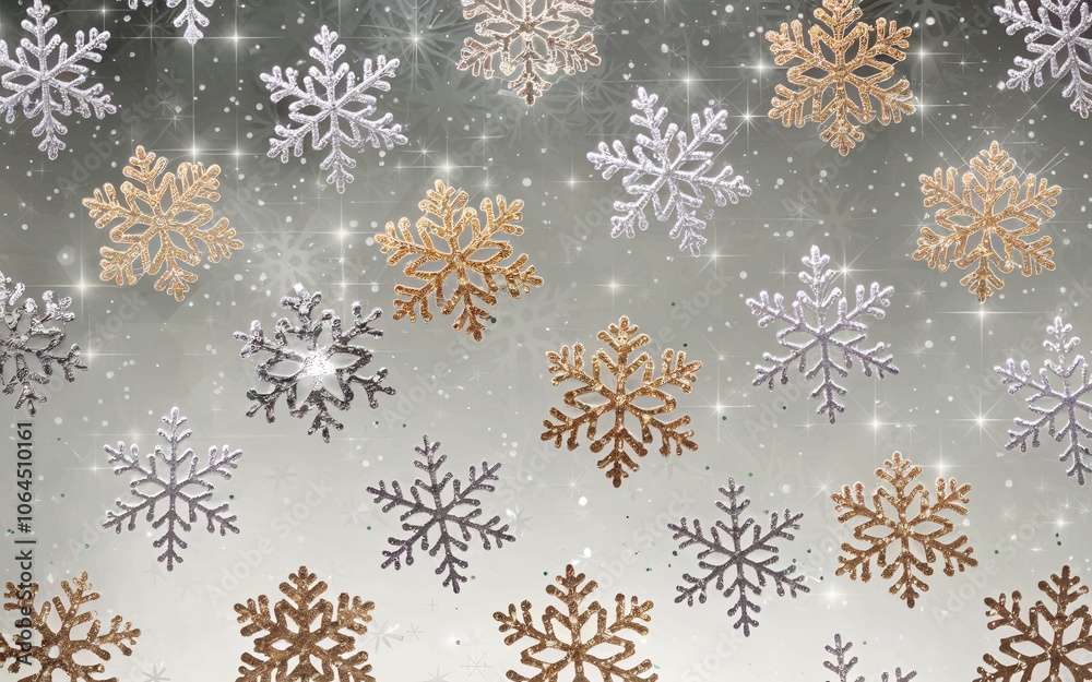 Sparkling silver and gold snowflakes on a gray gradient background. Sparkling silver and gold snowflakes on a gray gradient background.
