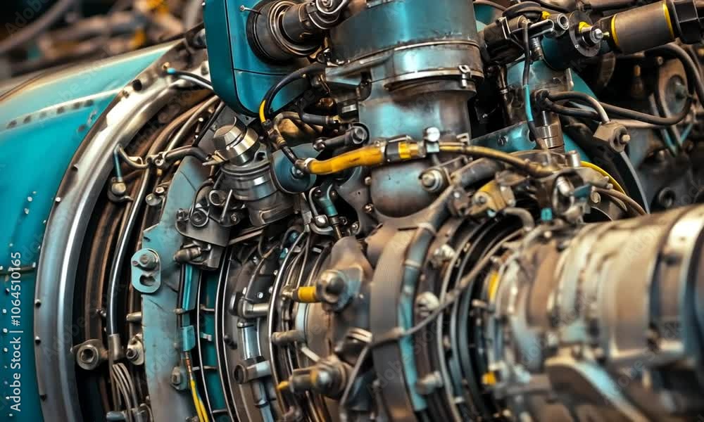 Close-up of a complex aircraft engine showcasing intricate mechanical components. Close-up of a complex aircraft engine showcasing intricate mechanical components.
