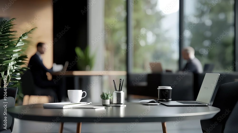 Business leaders enjoying a casual coffee break in an office lounge, with laptops and notes nearby, emphasizing balance between work and relaxation Business leaders enjoying a casual coffee break in an office lounge, with laptops and notes nearby, emphasizing balance between work and relaxation