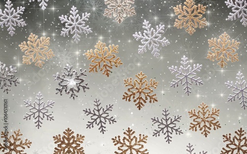 Sparkling silver and gold snowflakes on a gray gradient background.