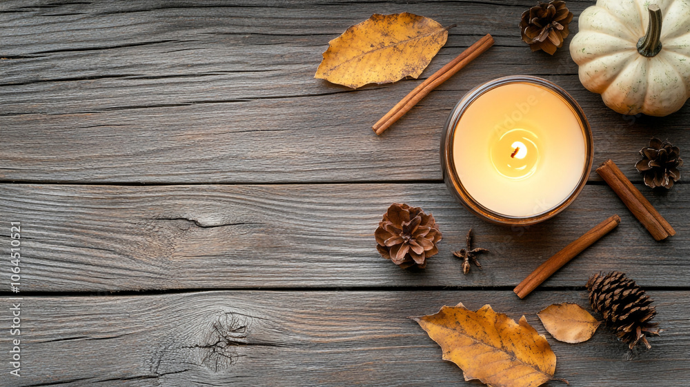 Cozy autumn decor with a candle, pine cones, and leaves on a rustic wooden table