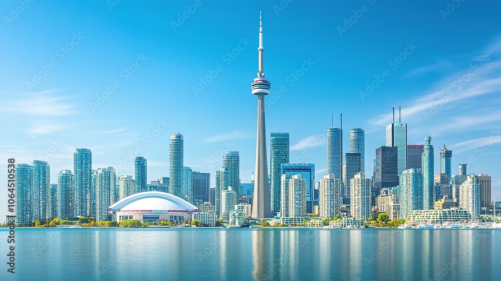 Obraz premium Panoramic view of modern city skyline by water