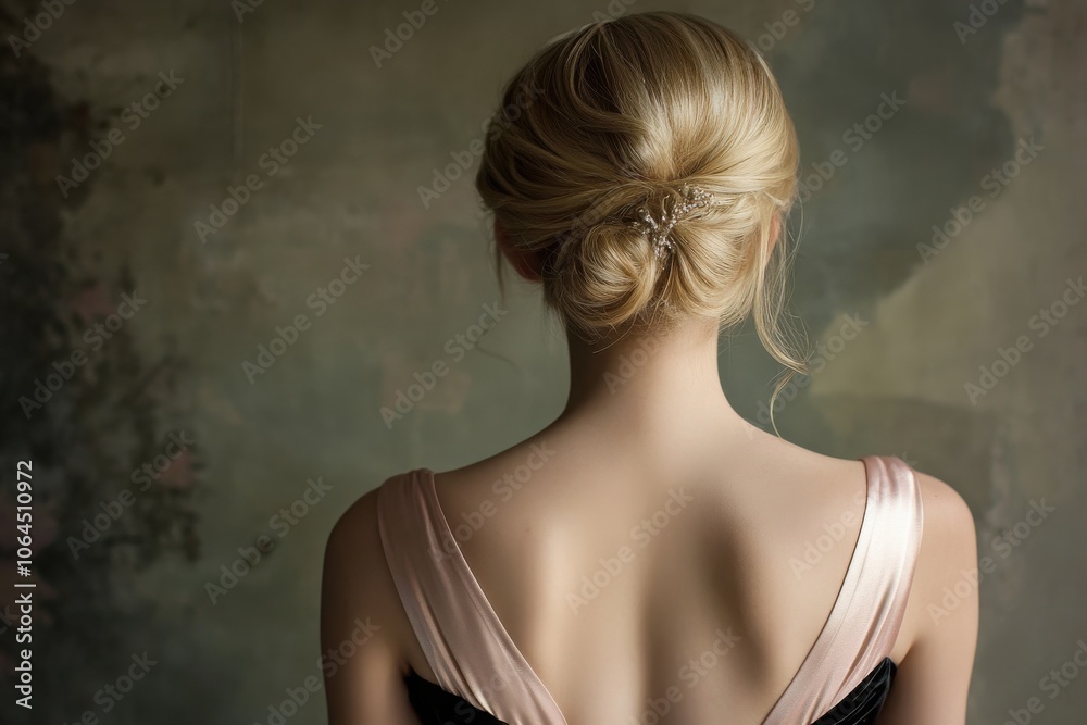 A beautiful blonde young woman wearing a pale pink and black satin dress looking A beautiful blonde young woman wearing a pale pink and black satin dress looking