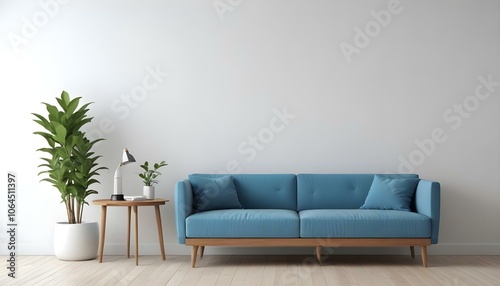 A modern blue sofa with wooden legs in a minimalist living room with a white wall and a wooden side table.