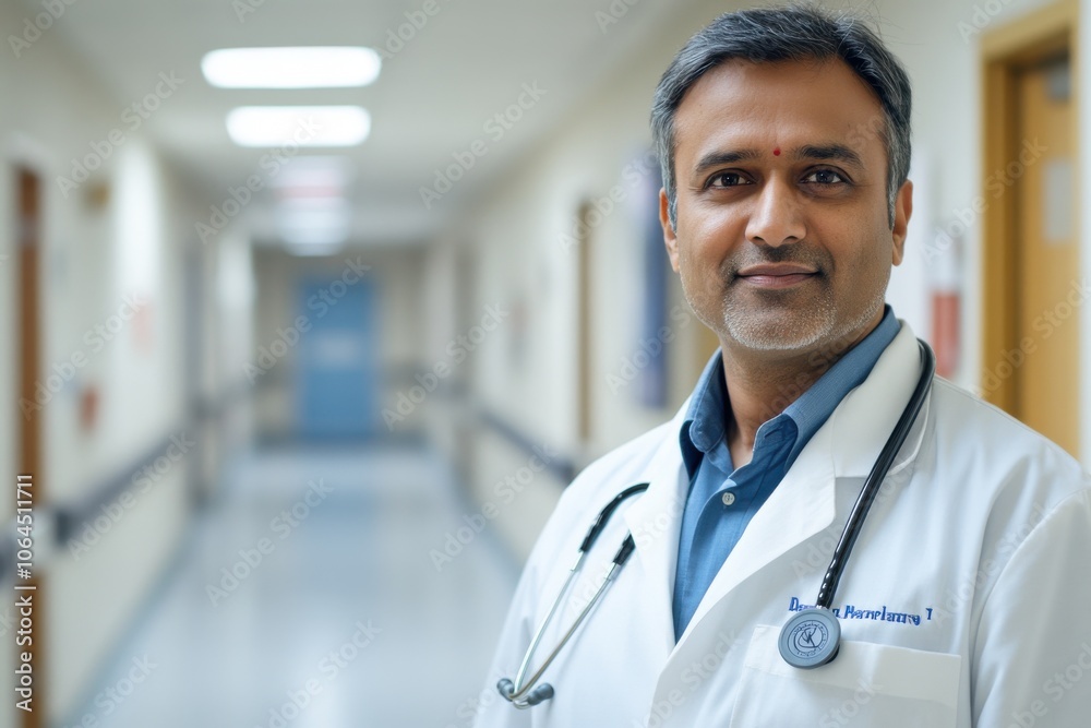 A doctor of Indian ethnicity with hospital corridor in background, Depth of field A doctor of Indian ethnicity with hospital corridor in background, Depth of field