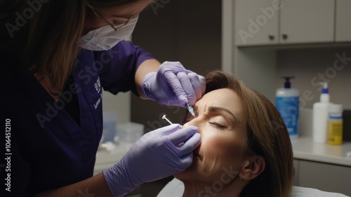 Middle-aged woman receiving a botox injection from a licensed professional in a clinical environment, with focus on safe anti-aging procedures.