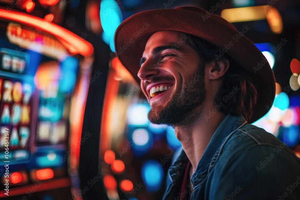 Portrait of a happy gambler win money in in casino playing at slot machines, Depth of field Portrait of a happy gambler win money in in casino playing at slot machines, Depth of field