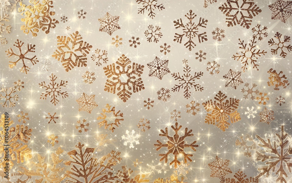 Sparkling golden snowflakes on a light grey background with bokeh lights.