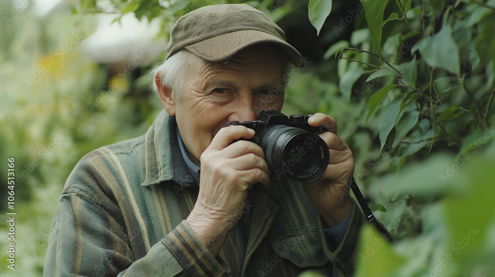 Elderly man photographing nature, with a gentle smile of curiosity and peace Elderly man photographing nature, with a gentle smile of curiosity and peace