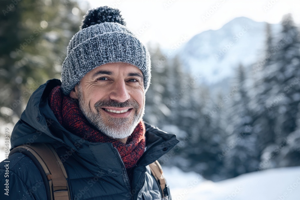 Portrait of a mature male in winter outdoor , happy man in scenic mountain and forest Portrait of a mature male in winter outdoor , happy man in scenic mountain and forest