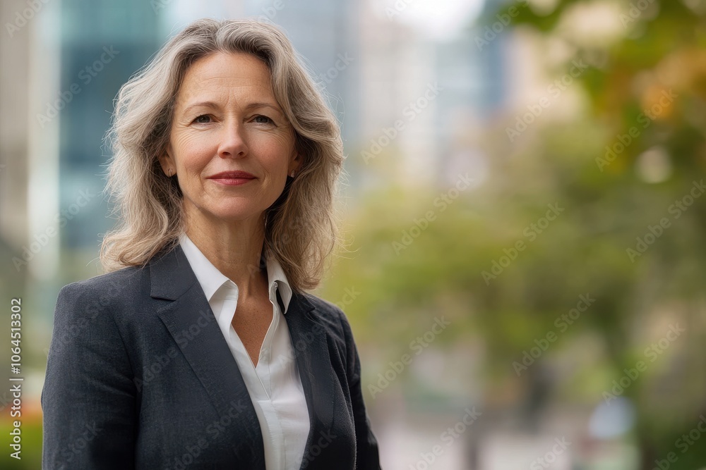 Portrait of a mature middle-aged caucasian european woman in suit outdoors with a blurry Portrait of a mature middle-aged caucasian european woman in suit outdoors with a blurry