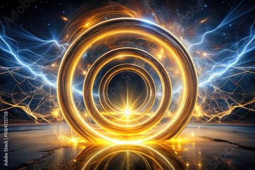 Abstract Golden Energy Circle with Electric Arcs on Dark Background - Night Photography, Energy, Abstract Art, Light Effects, Dynamic Designs, Visual 