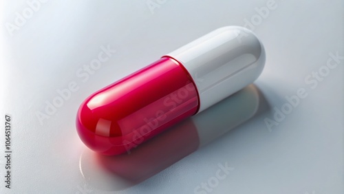 Photorealistic close-up drone shot of a pill capsule against white.