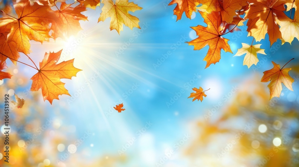 Autumn background with maple leaves and bokeh,Fall blurred background, Yellow and red maple leaves are flying and falling down. Autumnal landscape.water drop on leaf,space for text. Autumn background with maple leaves and bokeh,Fall blurred background, Yellow and red maple leaves are flying and falling down. Autumnal landscape.water drop on leaf,space for text.