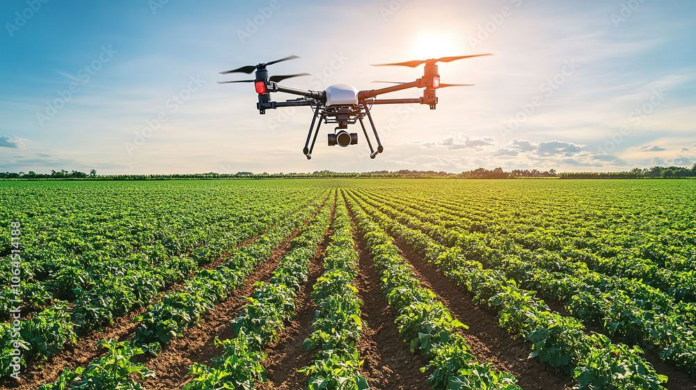 Agricultural crop protection drones working in dusk fields Agricultural crop protection drones working in dusk fields