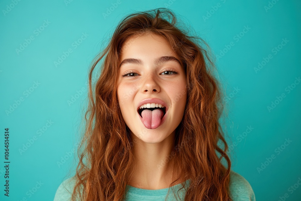 Portrait of a young caucasian woman sticking her tongue out isolated on teal background Portrait of a young caucasian woman sticking her tongue out isolated on teal background