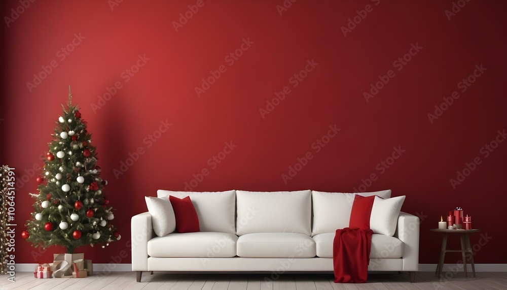 A white sofa with red and white pillows against a red wall with a Christmas tree in the background. A white sofa with red and white pillows against a red wall with a Christmas tree in the background.