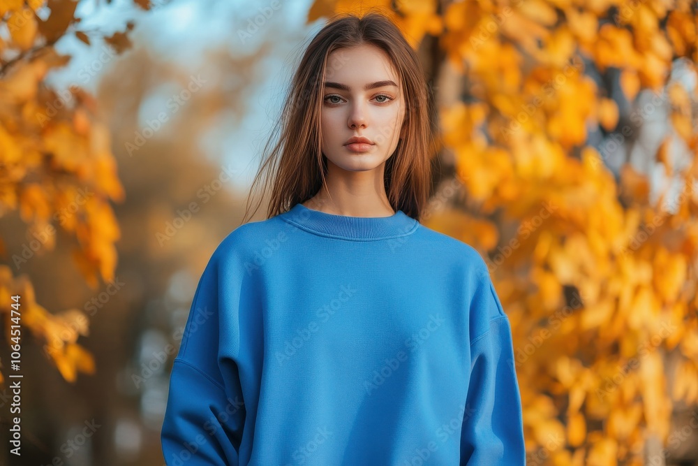 A young woman wearing a crewneck blue mockup sweatshirt with fall colors