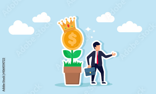 A businessman stands next to a crown dollar plant, illustration of a business's expertise in managing investment assets for growth and development