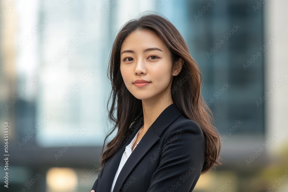 A attractive Asian woman in suit outdoors with a blurry business center in backdrop A attractive Asian woman in suit outdoors with a blurry business center in backdrop