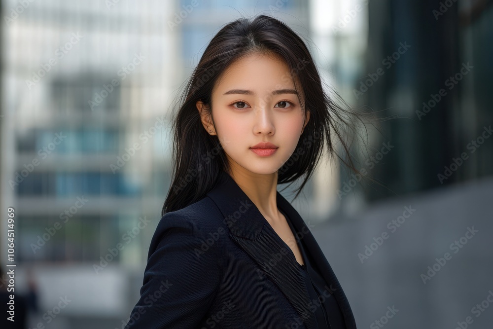A attractive Asian woman in suit outdoors with a blurry business center in backdrop A attractive Asian woman in suit outdoors with a blurry business center in backdrop