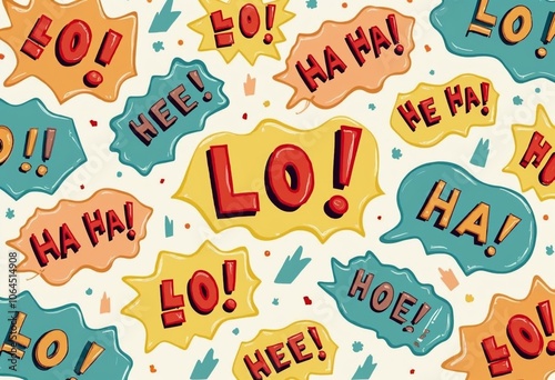 Colorful background with playful speech bubbles featuring laughter expressions and cheerful designs