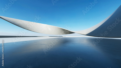 3d render of white futuristic architecture, abstract wavy structure with empty concrete floor