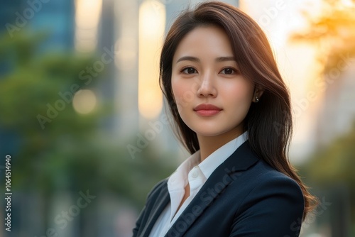 A attractive Asian woman in suit outdoors with a blurry business center in backdrop