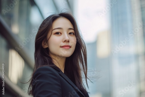 A attractive Asian woman in suit outdoors with a blurry business center in backdrop Free Download A attractive Asian woman in suit outdoors with a blurry business center in backdrop - GFXLoad