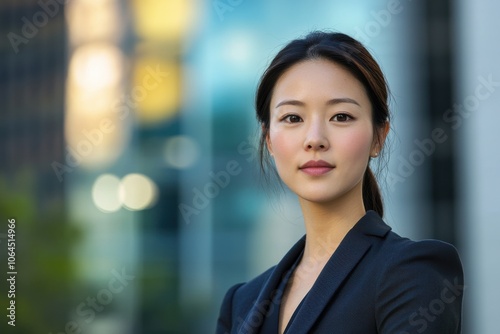 A attractive Asian woman in suit outdoors with a blurry business center in backdrop