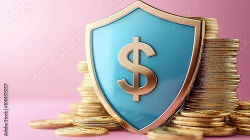 3D rendering shield with a large amount of coins and financial investment insurance concepts