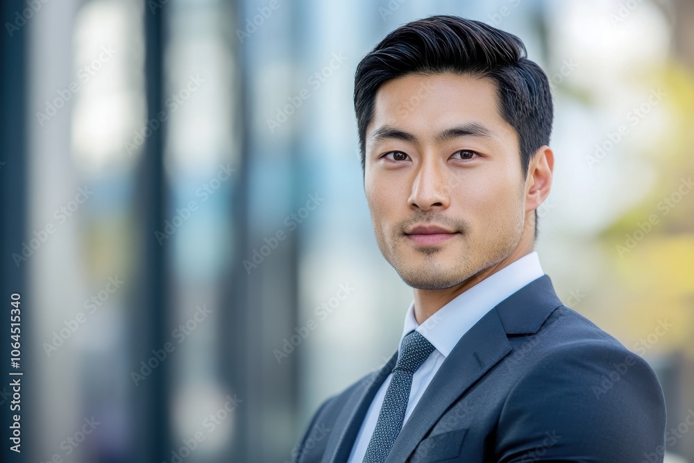A handsome Asian man in suit outdoors with a blurry business center in backdrop A handsome Asian man in suit outdoors with a blurry business center in backdrop